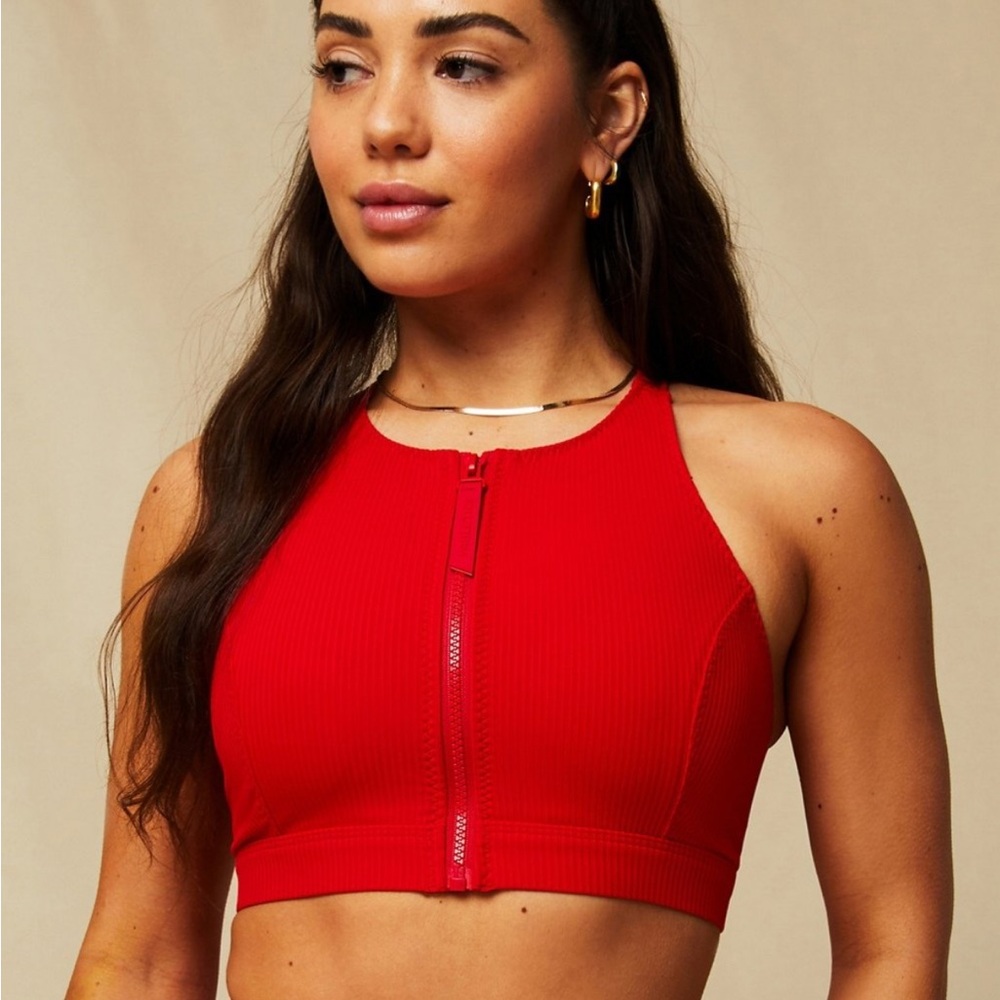 Fabletics Red Zip-Front Swim Top